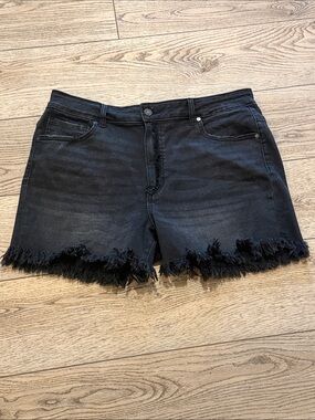 Washed Black Denim Frayed Hem Shorts
